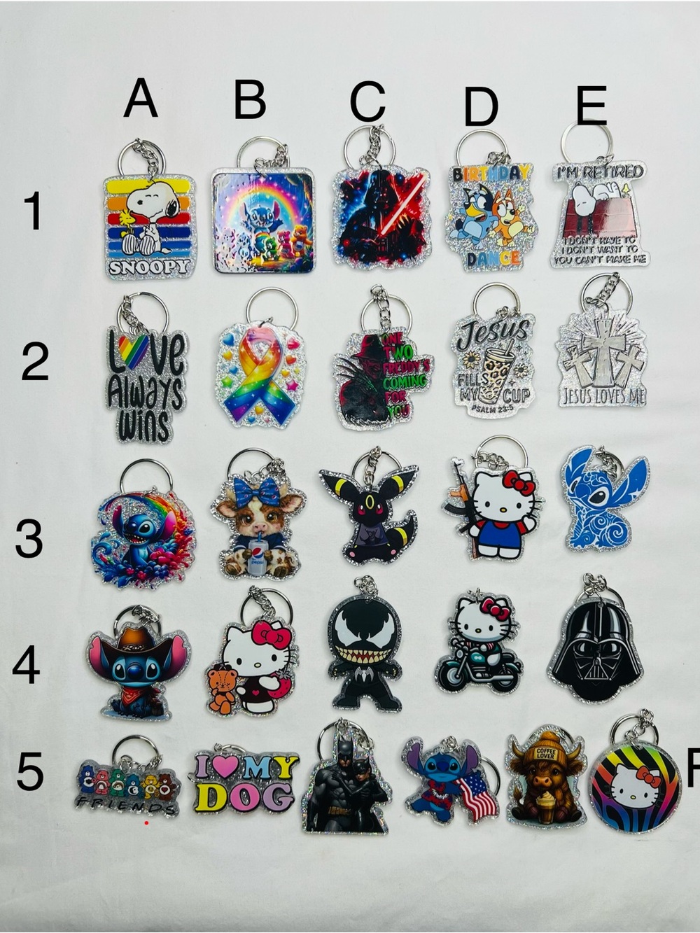 Silver character acrylic keychains bag charms snoopy, Star Wars stitch ect